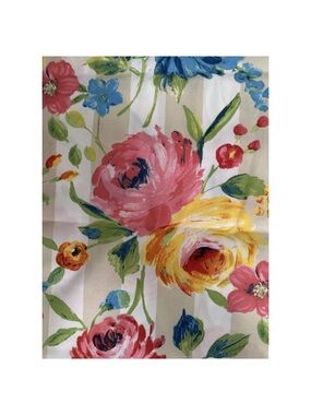 Berkshire Floral Print Indoor/Outdoor Multi Fabric On Tan Striped Background.